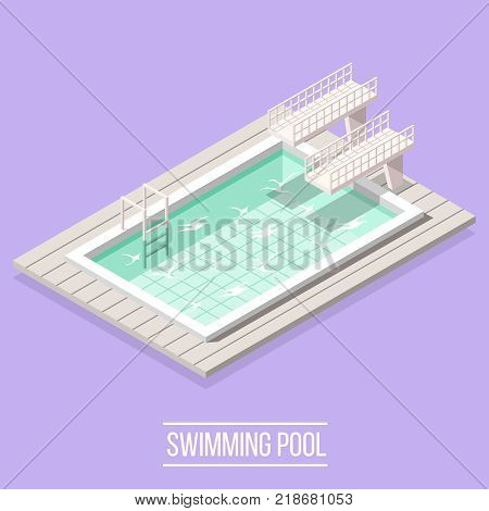Isometric swimming pool composition with isolated image of piscine high diving boards and water vector illustration