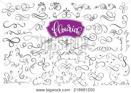 Flourich calligraphic design elements and page decoration for design greeting cards, tattoo, holiday invitations, photo overlays, t-shirt print, flyer, poster design, mug, pillow.