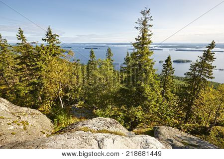 Finnish landscape at sunset. Lake Pielinien. Koli viewpoint. Finland scenic