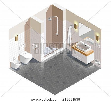 Bathroom interior isometric composition with beige white walls and grey tiled floor, shower, sanitary ware vector illustration