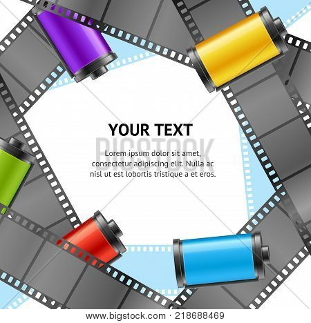Realistic 3d Camera Film Roll Cartrige Photo Retro Banner Card Old Vintage Style Place for Text. Vector illustration