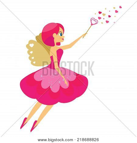 Beautiful Cupid girl spreading love dust. Winged flying fairy in pink dress flapping wand. Valentines day romantic character. Vector illustration greeting card