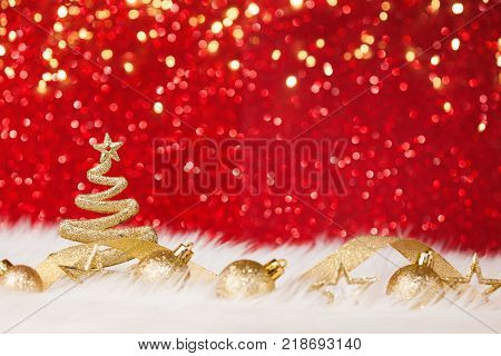 Christmas Tree - Golden Glitter sparkling In The Red Background
