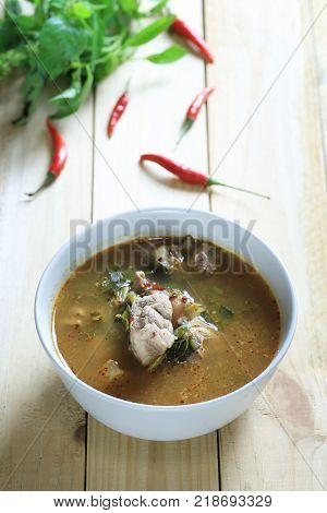 Pork soup with herbs of Thai foodsThis meal is popular in Thailand and have a spicy taste.