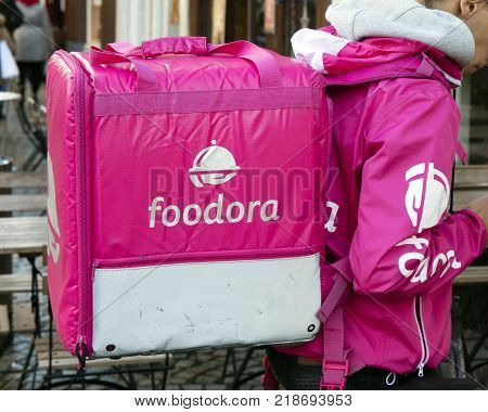 Foodora Courier With Backpack In Amsterdam