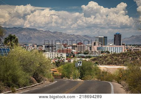 Tucson downtown and Santa Catalina Mountain from road to Sentinel Peak Park, Tucson, Arizona, USA