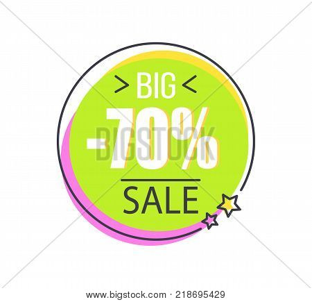 Big 70 sale round promo sticker in circle shape total price discount offer vector illustration in green purple colors isolated label on white with stars