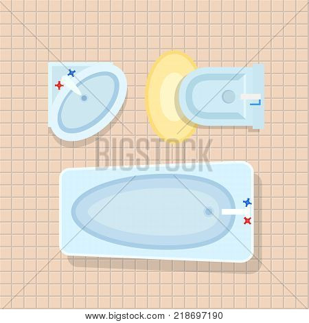 Top view of bathroom interior design with washbasin, toilet with small carpet near to it and tub. Vector illustration of restroom with beige floor tiles
