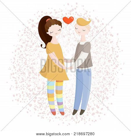 Happy cartoon couple in love. Romance doodle people. Vector illustration.