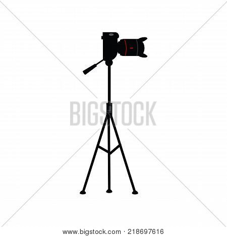 vector flat cartoon lens photo camera standing at special tripod stand side view. Professional photo equipment. Isolated illustration on a white background.