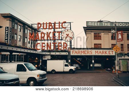 SEATTLE, WA - AUG 14: Public Market Center in downtown on August 14, 2015 in Seattle. Seattle is the largest city in both the State of Washington and the Pacific Northwest region of North America