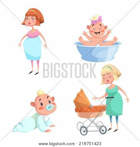 Cartoon trendy design mother and babies sticker icons. Washing girl in basin and crawl baby pregnant woman mother with stroller.