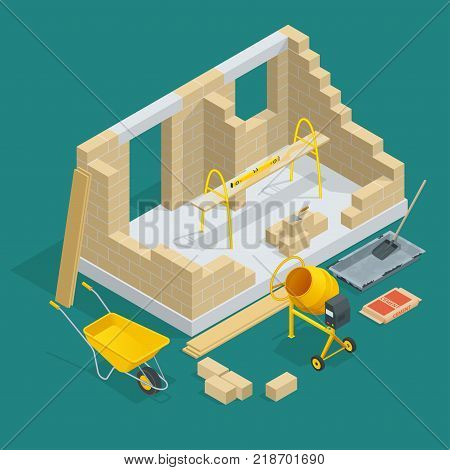 Isometric construction of a brick house. House building process vector illustration. Constructing home with tools and materials