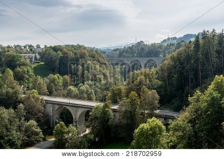 St. Gallen Bridge Trail, mountains and peaks landscape background, natural environment. Saint Gallen, Switzerland, Europe