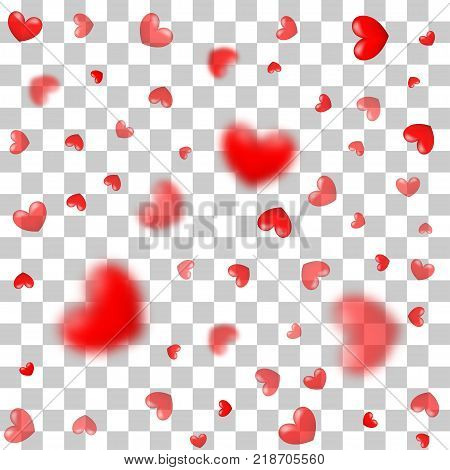 Magic bright shine glow. Holiday heart shape Valentines Day card. Confetti vector illustration shimmer. Transparent background wedding romantic template. Abstract glitter defocused design red color.