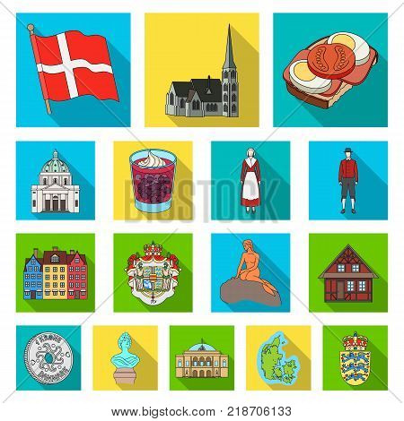 Country Denmark flat icons in set collection for design. Travel and attractions Denmark vector symbol stock illustration.