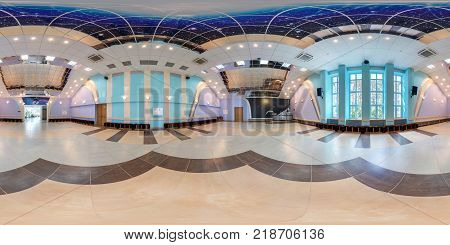 GRODNO BELARUS - AUGUST 15 2013: Modern interior of disco dance hall full 360 panorama in equirectangular equidistant spherical projection VR content