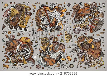 Colorful vector hand drawn doodles cartoon set of classical musical instruments combinations of objects and elements