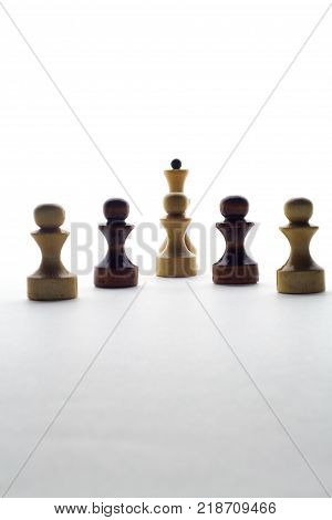 black and white chess pawns and queen in the center on a white background . Business or game or socium or society or protection or security concept