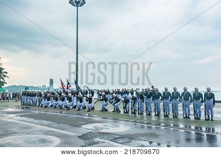 Pattaya Thailand - November 15 2017: Thai navy demonstrating Fancy Drill on the 50th anniversary ASEAN International Fleet Review 2017 at the beach of Pattaya Thailand.