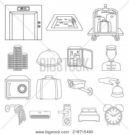 Hotel and equipment outline icons in set collection for design. Hotel and comfort vector symbol stock  illustration.