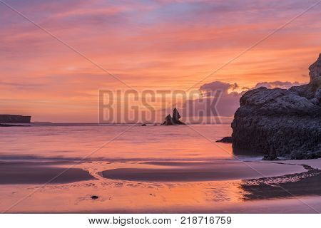 Beautiful Sunrise Landsdcape Of Idyllic Broadhaven Bay Beach On Pembrokeshire Coast In Wales