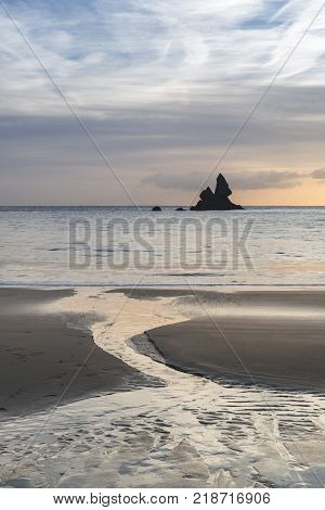 Beautiful Sunrise Landsdcape Of Idyllic Broadhaven Bay Beach On Pembrokeshire Coast In Wales