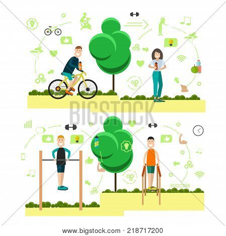 Vector illustration of sportsmen performing horizontal bar and parallel bars exercises, fitness girl, biker going cycling. Training outside people flat symbols, icons isolated on white background.