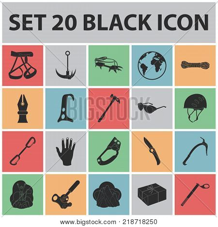 Mountaineering and climbing black icons in set collection for design. Equipment and accessories vector symbol stock  illustration.