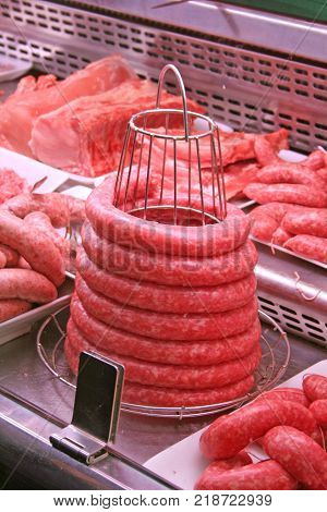 Market stall in Barcelona; typical butifarra sausage.