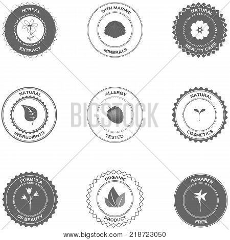 Vector set of badges and labels with various inscriptions for cosmetics