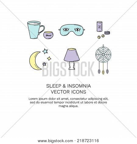 Modern line collection vector icons insomnia and sleep problems on white background.