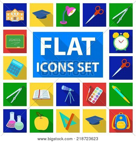 School and education flat icons in set collection for design.College, equipment and accessories vector symbol stock  illustration.