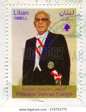 GOMEL, BELARUS, 17 DECEMBER 2017, Stamp printed in Lebanon shows image of the President Sleiman Frangie, circa 2017.
