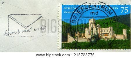 GOMEL, BELARUS, 15 DECEMBER 2017, Stamp printed in Germany shows image of the Stolzenfels Castle is a former, medieval fortress castle  turned into a palace, circa 2014.