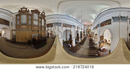 GRDONO BELARUS - MARCH 12 2012: Panorama interior of basilica near the organ with view of the altar. Full spherical 360 by 180 degrees seamless panorama in equirectangular projection. VR content