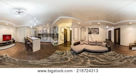 GRODNO BELARUS - NOVEMBER 12 2012: Full spherical 360 degrees panorama in equirectangular equidistant projection seamless panorama of guest hall interior loft grey style design VR content