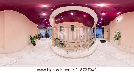 GRODNO BELARUS - AUGUST 19 2012: Full spherical 360 by 180 degrees seamless panorama in equirectangular equidistant projection panorama in interior hall in modern elite hotel VR content