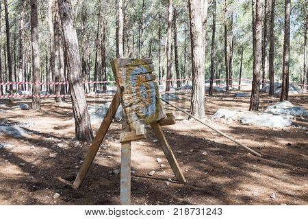 Ben Shemen Israel November 11 2017 : The training spear sticks out at the target for reconstruction at the life of the Vikings - "Viking Village" in the forest near Ben Shemen in Israel
