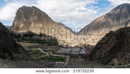 Ollantaytambo Peru - September 2017: Aerial view of ancient Inca city Ollantaytambo. Peru South America