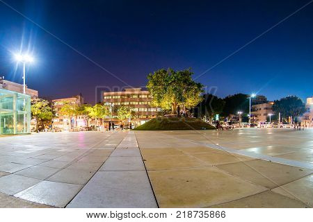 View of Habima square at night in Tel Aviv, Israel.