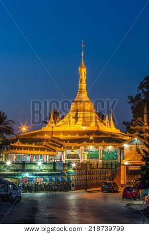 Hpa-An, Myanmar - October 20, 2016: Golden burmese pagoda in Hpa-an city, Myanmar
