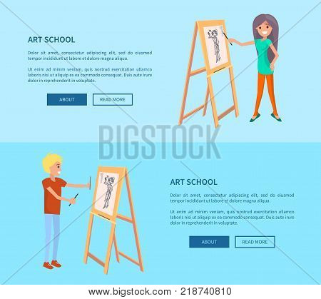 Art school posters with man and woman drawing pictures on easel by pencils. People create sketches vector illustration web banners
