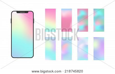 Modern Smartphone App Screen. Soft Color Gradient Background. Holographic Wallpaper Set. Vector