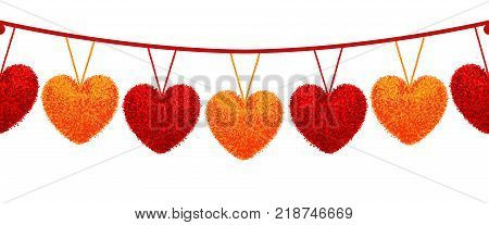 Vector colorful illustration of decortive elements with red and orange pompoms in shape heart hanging on the ropes as garland isolated on white background Decor Valentines day design. Seamless pattern