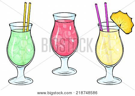 Set of three images of cocktails with ice. A glass glass for Pina Colada. Refreshing, summer cocktails, straw, slice of pineapple, fruit cocktails, milkshakes. For the menu of bars, restaurants. eps10