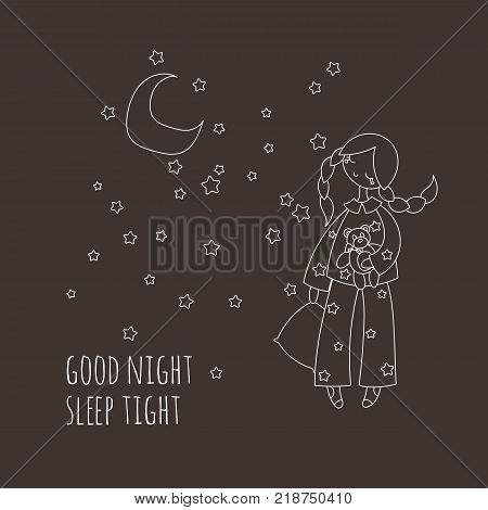 Cute girl in the sleepwear holding pillow and toy bear. Good night card. Coloring page in tilda style.
