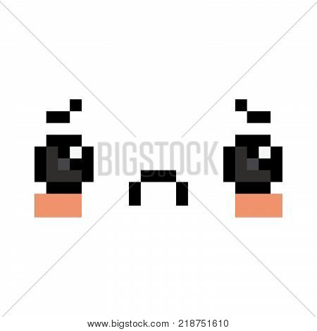 Vector Pixel Cartoon Sad Face Isolated On White Background