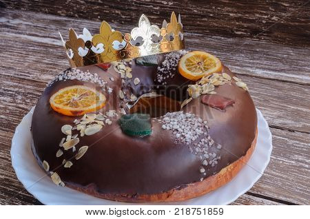 Roscon de reyes chocolate spanish desert to celebrate Epiphany or Dia de Reyes Magos Three Wise Men Day.