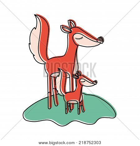 cartoon fox mom and cub over grass in watercolor silhouette vector illustration